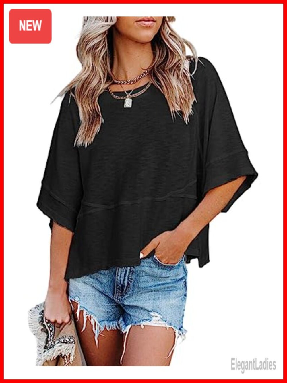 Women's Loose Fit 3/4 Sleeve Crewneck Tunic Tee Casual Summer Top